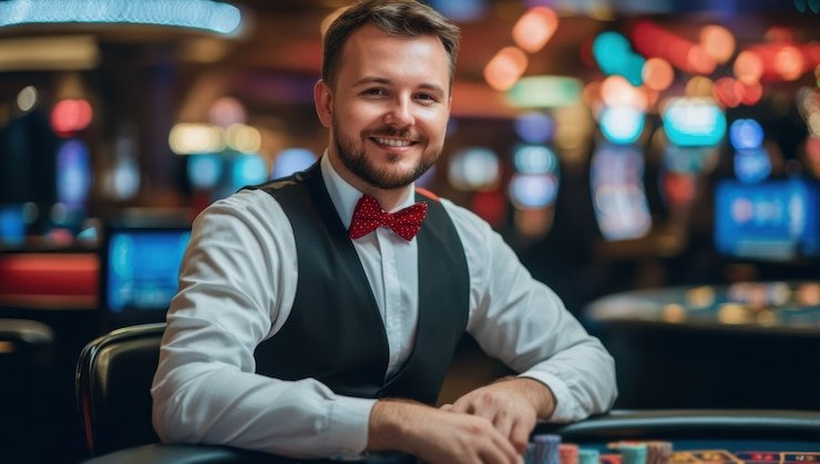 Layar permainan Domino QQ di colroom dengan dealer dan pemain di meja live